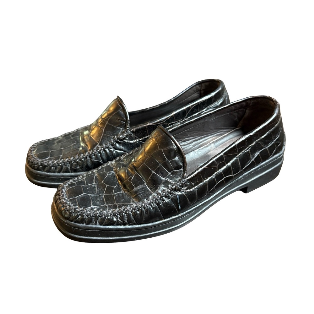Stuart Weitzman Loafers Womens 6 Black‎ Croc Embossed Vintage Leather Slip On
